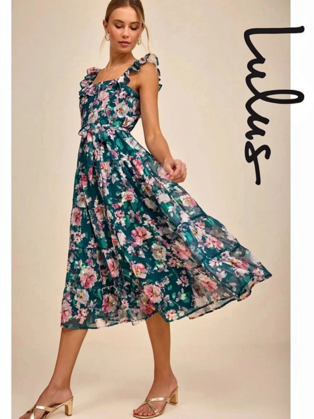 Lulus - Shela Teal Floral Jacquard Tiered Midi Dress - Picture 4 of 6